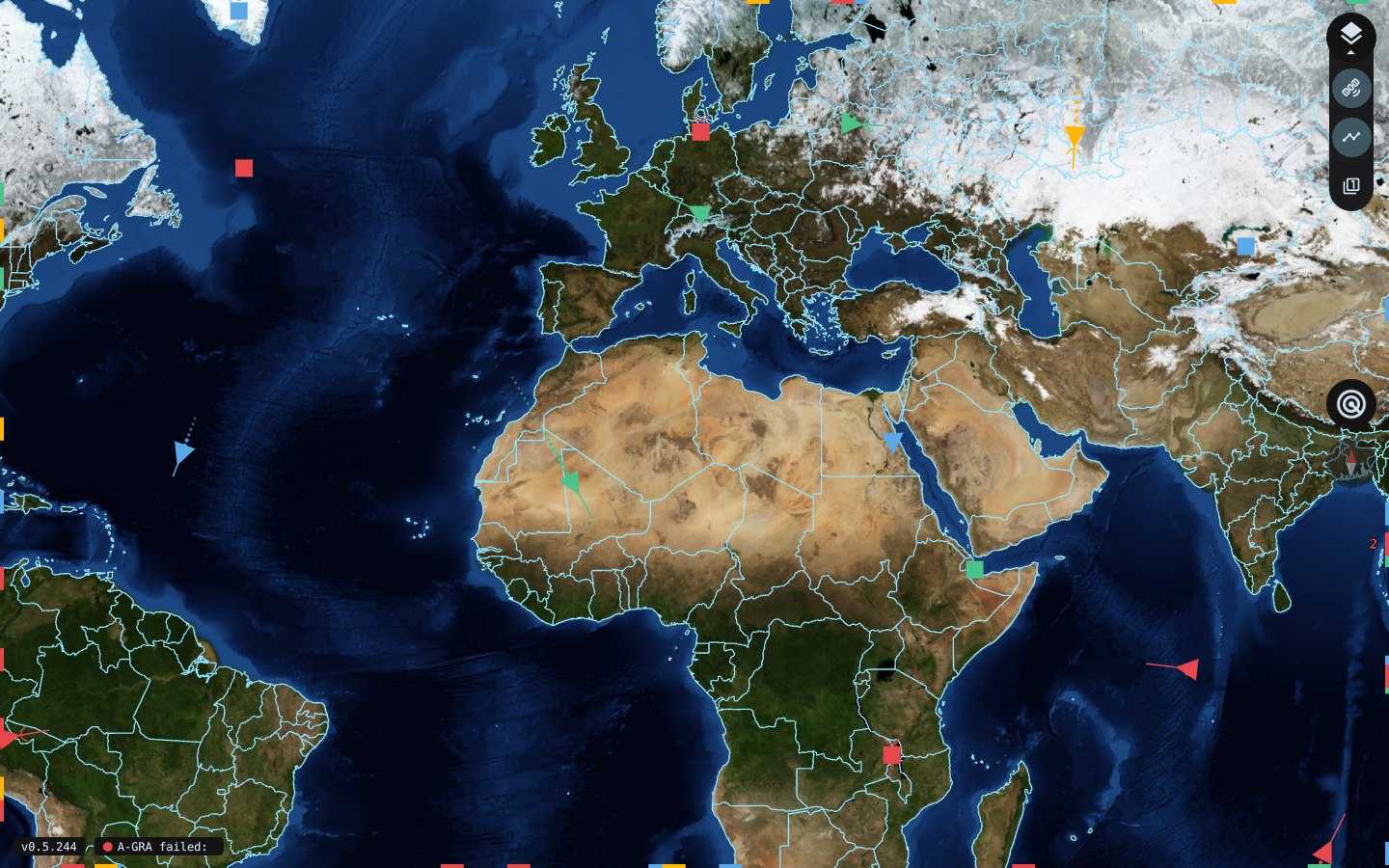 Europe and Africa in satellite imagery with tracks and off-screen markers along the edges